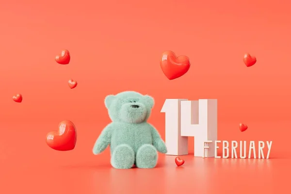 the concept of Valentine's Day. teddy bear, the inscription february 14 and hearts flying on a red background. 3D render.