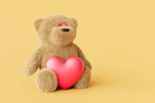 the concept of falling in love. teddy bear with eyes with hearts holding a big heart on a beige background. 3D render.