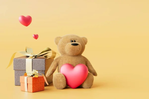 gifts to a loved one. teddy bear with a heart next to the gift boxes on a beige background. 3D render.