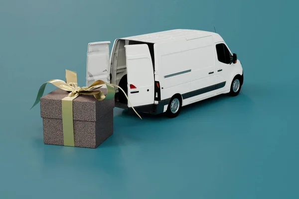 the concept of delivery of gifts. an open truck next to which is a gift box on a turquoise background. 3D render.