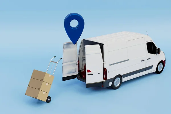 delivery of parcels to the address. a truck next to which is a cart with parcels and a gps point. 3D render.