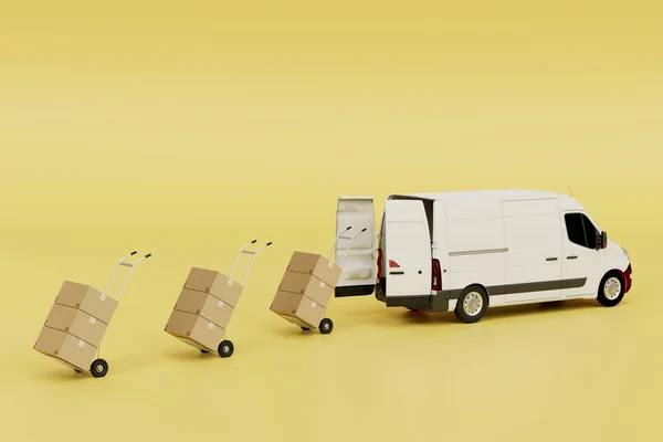 uploading parcels for sending. an open truck next to the carts on which the parcels. 3D render.