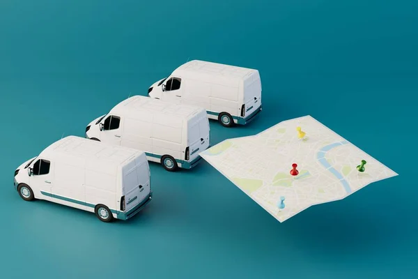delivery of parcels to the address. trucks and a map with marked delivery points on a turquoise background. 3D render.