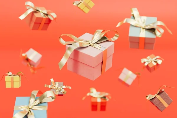 Gift boxs or present wrapped in craft paper. Holiday presents on a red background. 3d render.