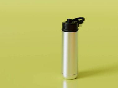 thermos to keep the liquid warm on a yellow background. copy paste, copy space. 3D render.