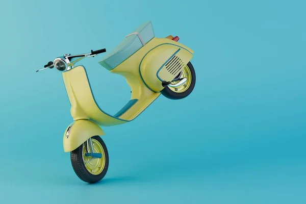 motorcycle rides. yellow motorcycle on a blue background. 3D render.
