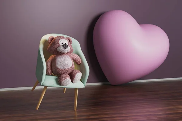 the concept of a declaration of love. the heart and teddy bear sitting on a chair. 3D render.