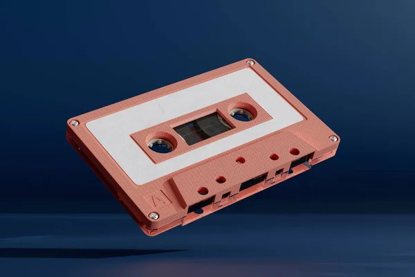 listening to audio cassettes. an old red audio cassette on a blue background. 3D render.