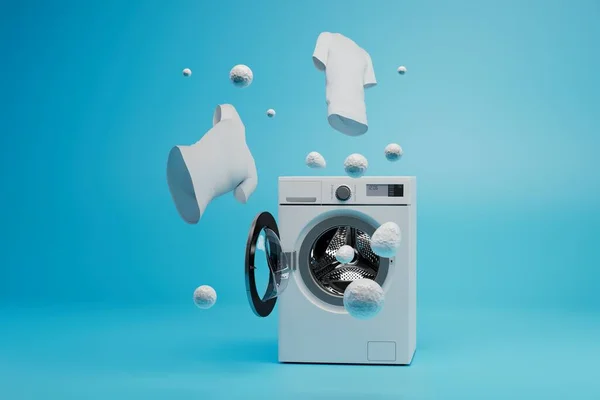 washing white clothes. a washing machine from which foam flies out and white T-shirts. 3D render.