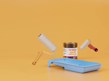 the concept of painting the walls. sudok, paint rollers and a can of paint on a orange background. 3D render.