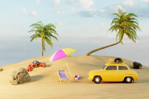 the concept of summer holidays. a car with things, an umbrella, a sunbed, a crab among palm trees and sand. 3D render.