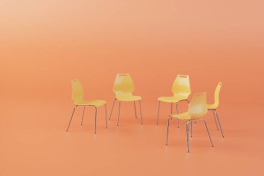 yellow plastic chairs arranged in a circle on a pastel background. 3D render.