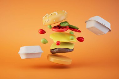 the concept of takeaway food. a hamburger among plastic food containers. 3D render.
