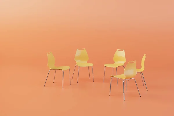yellow plastic chairs arranged in a circle on a pastel background. 3D render.