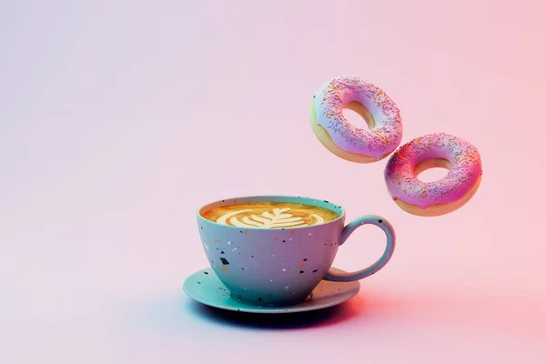 love for morning coffee. a cup of coffee and donuts on a pastel background. 3D render.