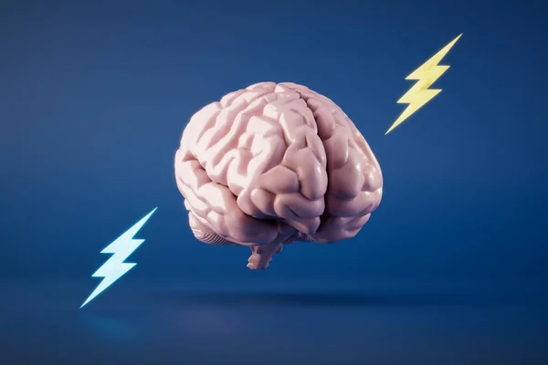 Charging concept for the brain. idea generation. a brain around which lightning bolts on a blue background. 3D render.