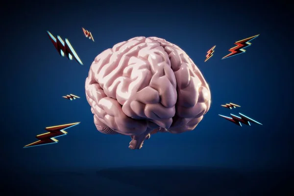 the concept of idea generation. the brain of which lightning flies across the blue background. 3D render.
