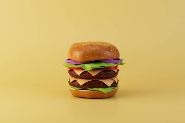 the concept of love for fast food. a large burger on a yellow background. 3D render.