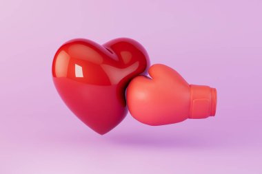 a blow straight to the heart. heart disease. a broken heart. a boxing glove hits the heart. 3D render.