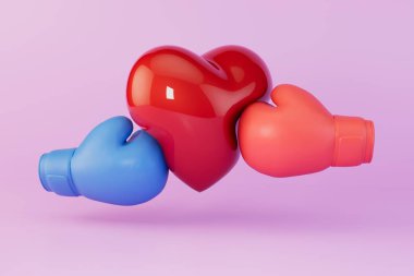 a broken heart. blows directly to the heart. heart problems. boxing gloves beat the heart. 3D render.