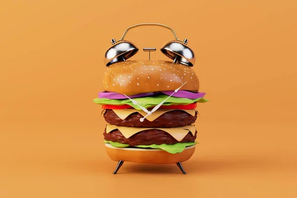time for fast food. a large burger in the form of an alarm clock on an orange background. 3D render.