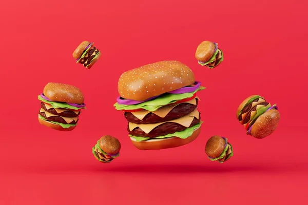 the concept of love for fast food. burgers flying across the red background. 3D render.