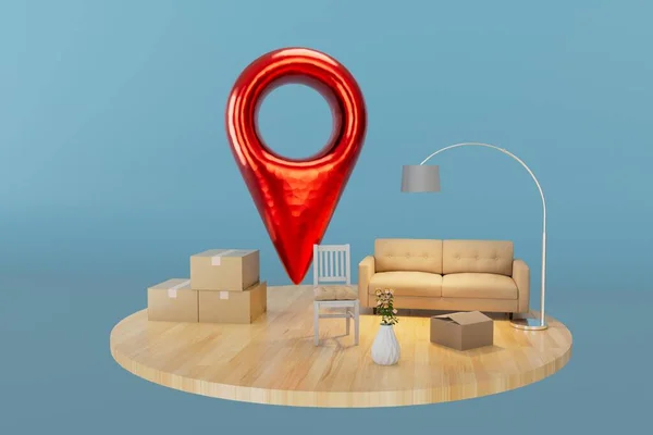 the concept of moving. furniture, closed boxes with things and a point of gps on a blue background. 3D render.