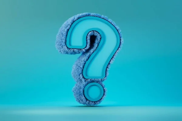 a large question mark covered with blue lint on a blue background. 3D render.