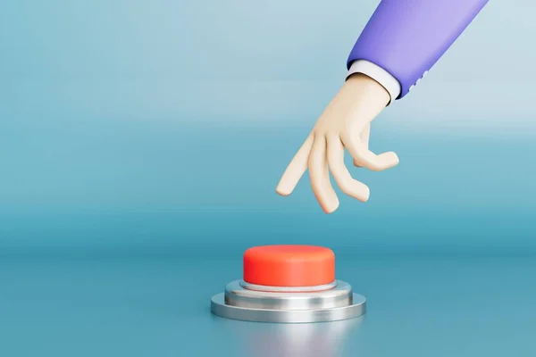 the concept of pressing the panic button. a hand that reaches for a red button on a blue background. 3D render.