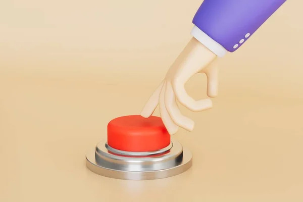 the concept of pressing the panic button. a hand that reaches for a red button on a pastel background. 3D render.