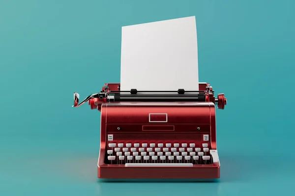 the concept of typed text on a typewriter. a red typewriter with a sheet of paper. 3D render.