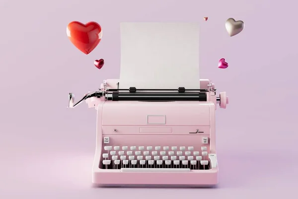 the concept of writing a love novel. an old typewriter with a white sheet over which are hearts. 3D render.