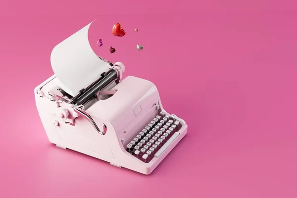 the concept of writing a love novel. an old typewriter with a white sheet over which are hearts. 3D render.