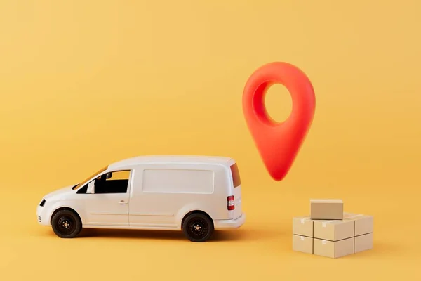delivery of parcels to the specified address. a truck next to which the parcel and the point of the GPS. 3D render.