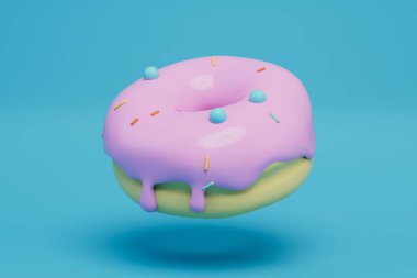 a large doughnut with pink glaze on a blue background. 3D render.