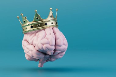 man considers himself king. the brain in the crown on a turquoise background. 3D render.