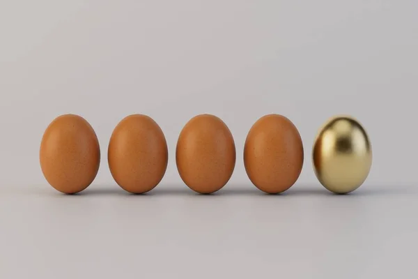 Beyaz arka planda izole edilmiş diğer yumurtalarla birlikte altın yumurta. 3d hazırlayıcı.