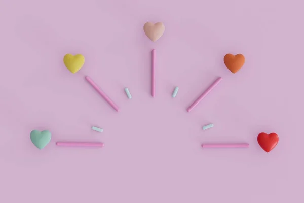 time to give love. hands of the clock with hearts at the ends on a pastel background. copy paste. 3D render.