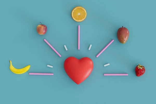 love for fruits. the hands of the clock at the ends of which are fruits and in the middle of the heart. 3D render.
