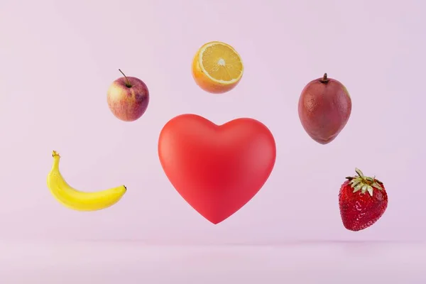 love for healthy eating and fruits. the heart around which fruits scatter on a pastel background. 3D render.