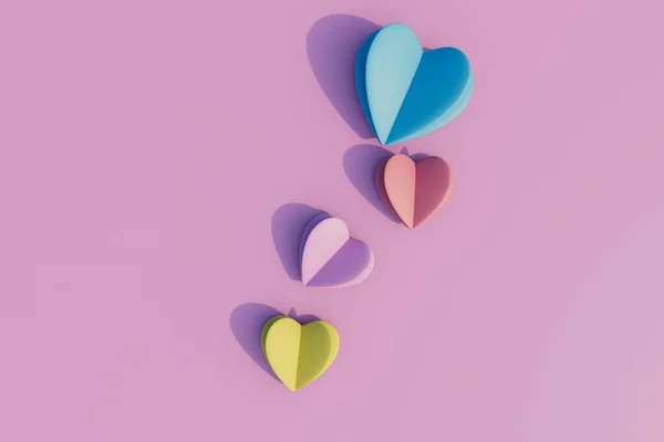 jewelry in the form of hearts. multicolored paper hearts on a pastel background. 3D render.