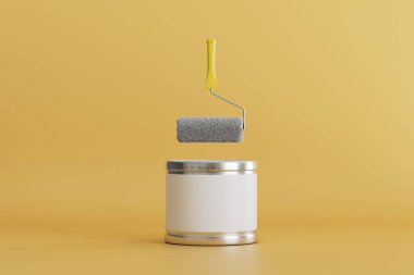 concept of repair. a can of paint and a paint roller on a yellow background. 3D render.