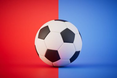a soccer ball on a red and blue background. 3D render.