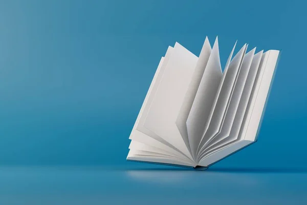 Kitap okuma tutkusu. Turkuaz arka plan üzerine açık bir kitap. 3 Boyutlu Hazırlama.