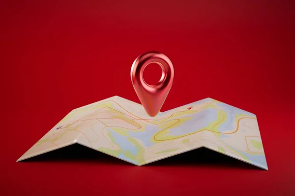 designation of the location on the map. map with a red GPS point on a red background. 3D render.