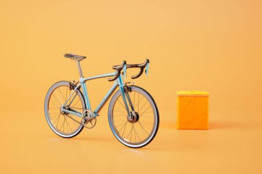 food delivery by bicycle. a bicycle and a courier bag for food on an orange background. 3D render.