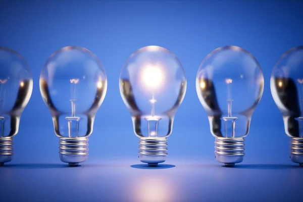 the concept of idea generation. A light bulb turned on among the extinguished light bulbs. 3D render.