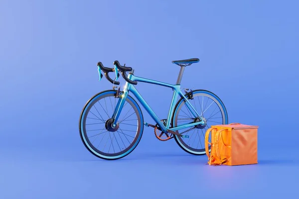 food delivery to the address. a bicycle and a courier bag for food on a blue background. 3D render.