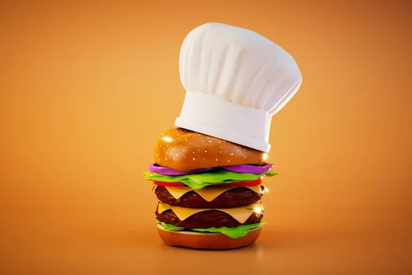 fresh tasty burger in a chef\'s hat isolated on orange background. 3d render.