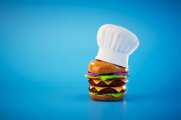 fresh tasty burger in a chef\'s hat isolated on blue background. 3d render.